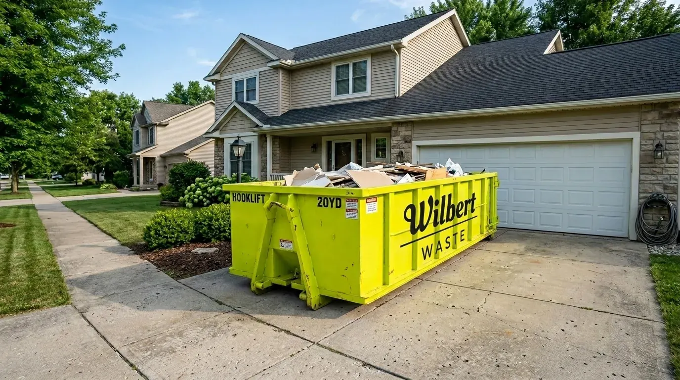 Clean residential driveway with a Wilbert Waste roll-off dumpster ready for a home cleanout in the Summerville, SC area